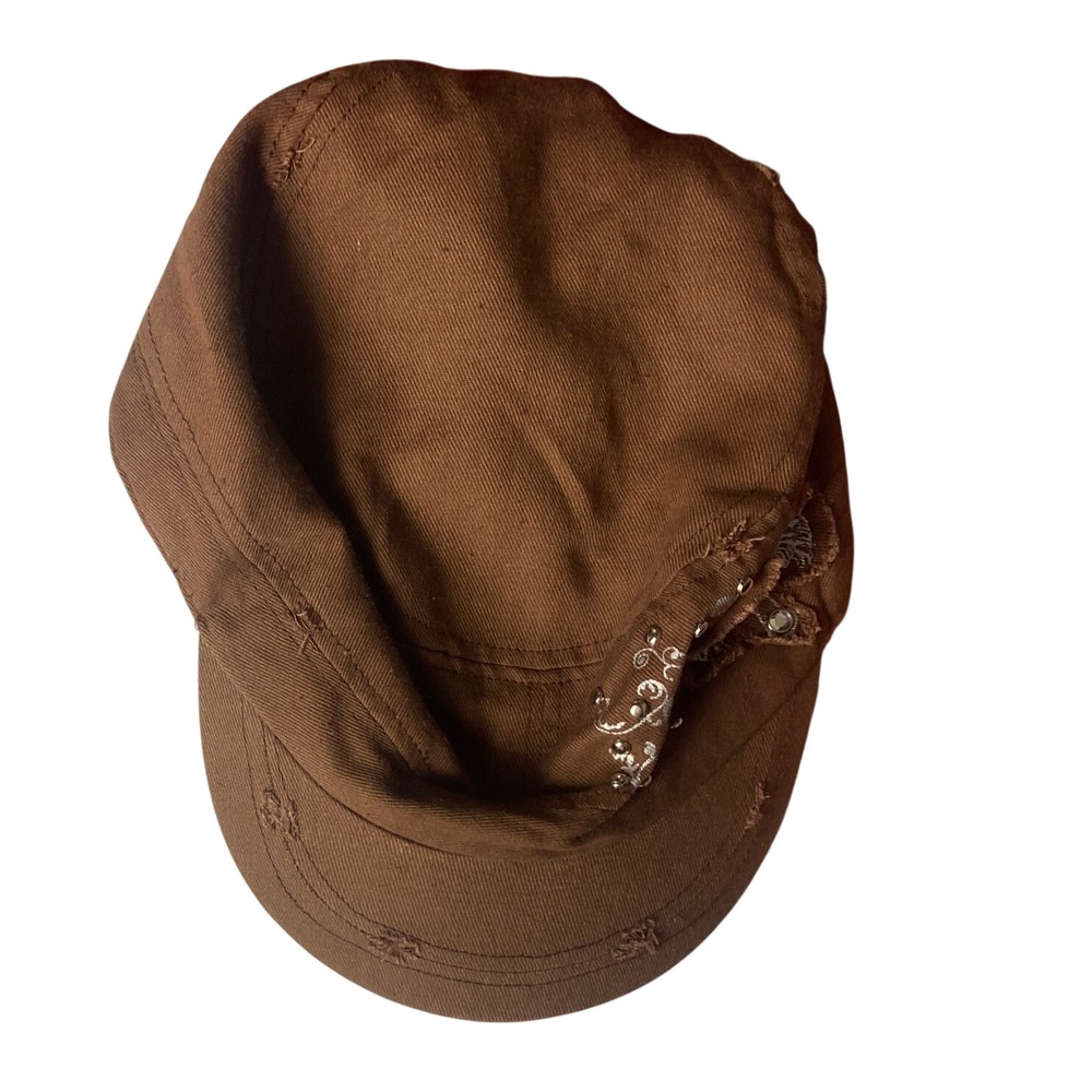Relativity Brown Distressed Cadet Cap Hat Rhinestone Floral Y2K Newsboy